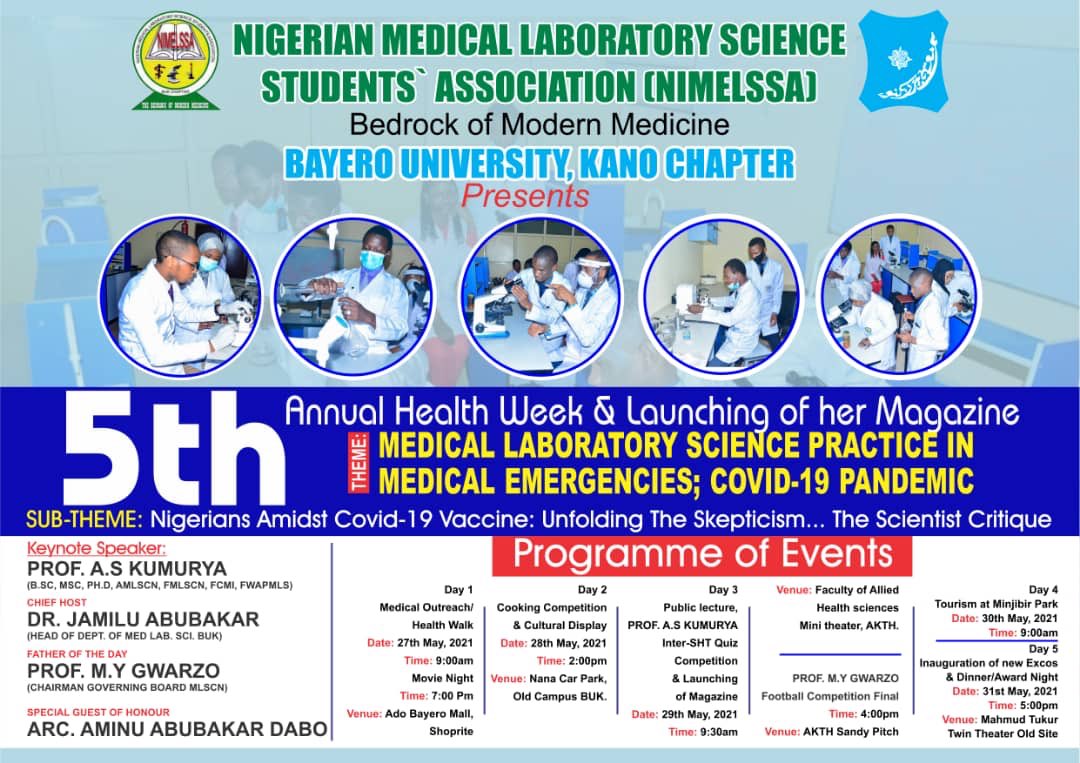 MayakiAmina's tweet photo. Nimelssa BUK CHAPTER presents its Health week 2021....with the theme;: MEDICAL LABORATORY SCIENCE PRACTICE IN MEDICAL EMERGENCIES; COVID 19 PANDEMIC.       

 .... 
Proudly NIMELSSITE
#MLS 
#ymlsf
#theunsungheroes
#nimelssa 
#Buk 
#bayerouniversitykano https://t.co/8tSmjXa4yg