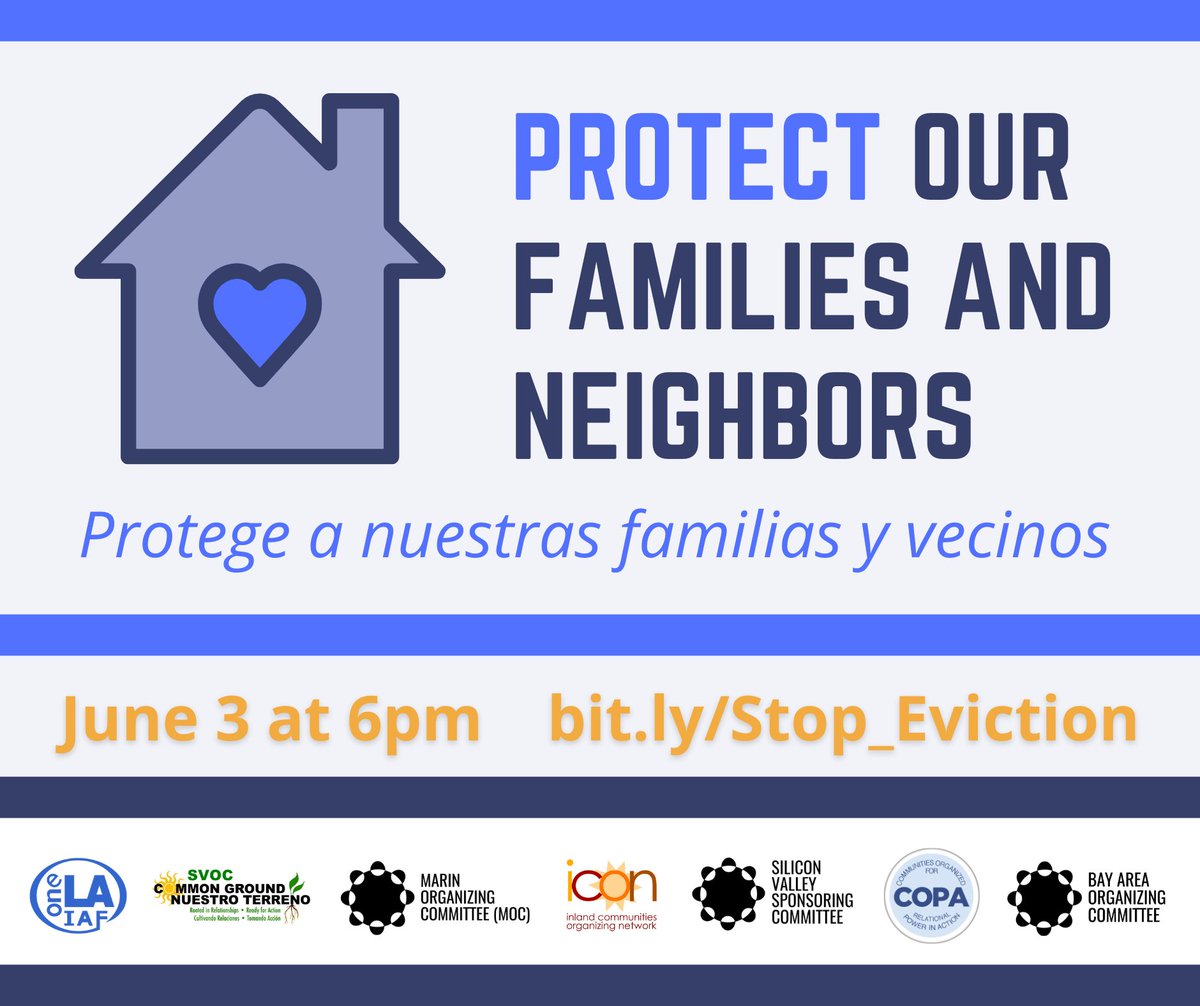 SilValleyIAF's tweet photo. Join us on June 3 to tell our State officials that our families and neighbors need protection from eviction! Register at https://t.co/f267TQoopm. 
@bayareaiaf @OneLA_IAF @COPA_IAF https://t.co/Bxovz0rJaZ