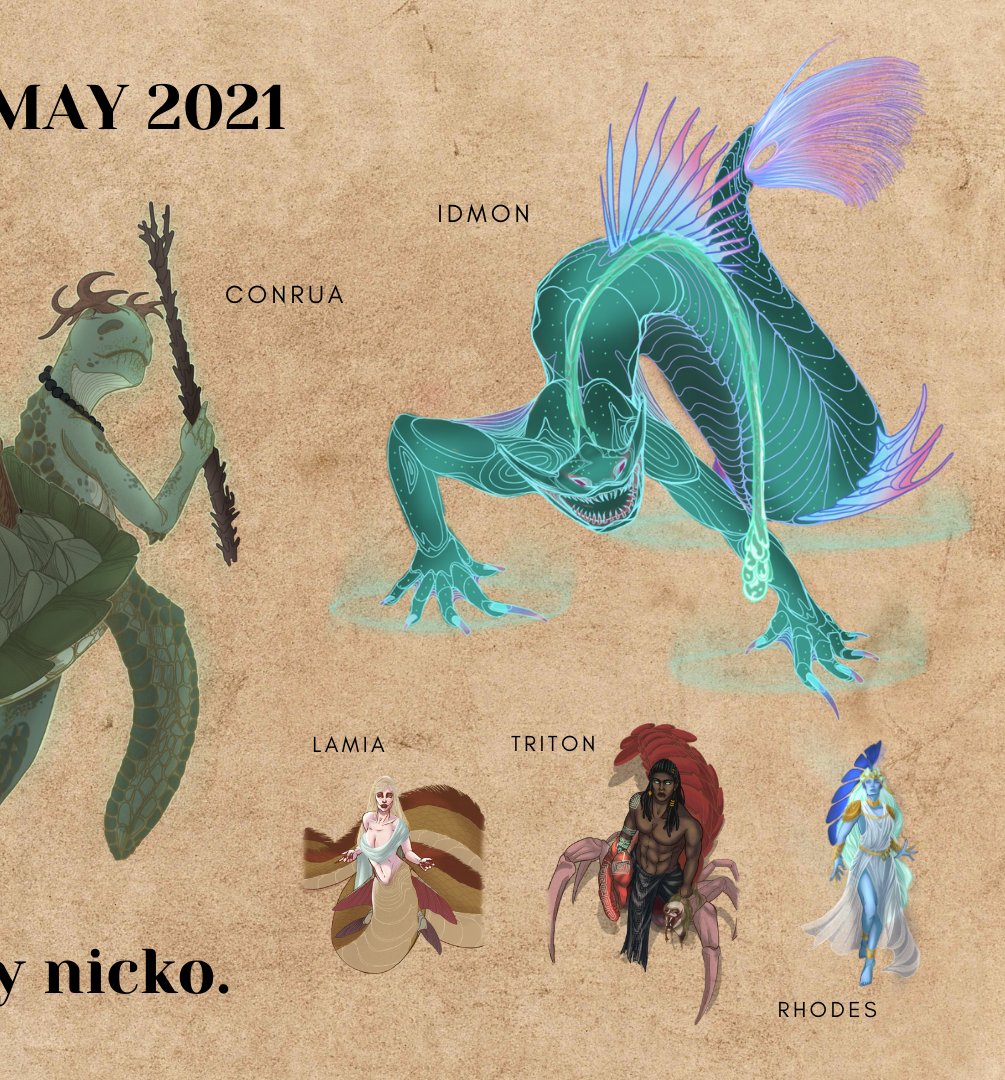 _bynicko's tweet photo. A Series wrap for my #Mermay2021 entries. So glad I was back to painting characters again! If you have any suggestions for a future series please let me know! 😊
#Sedna #Tarqeq #Chrys #Costa #Conrua #Rhodes #Idmon #Lamia #Triton #Merfolks #Mermen #Mermaids #Oc #artbynicko https://t.co/dcnmbHqofC