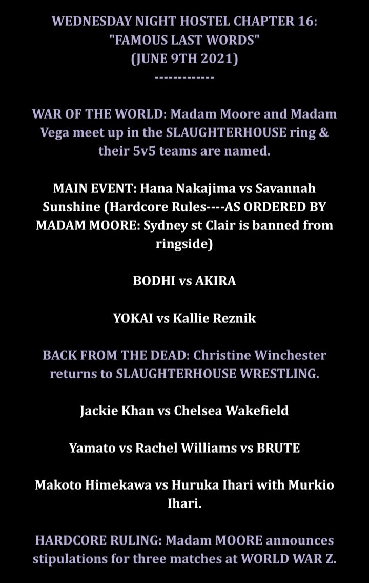 ShWfed's tweet photo. MATCH CARD FOR CHAPTER 16 "FAMOUS LAST WORDS" IS UP! - #MadamMoore 

(@Himekawa20011 @mericanVILLAIN ) https://t.co/gINOXR08R0