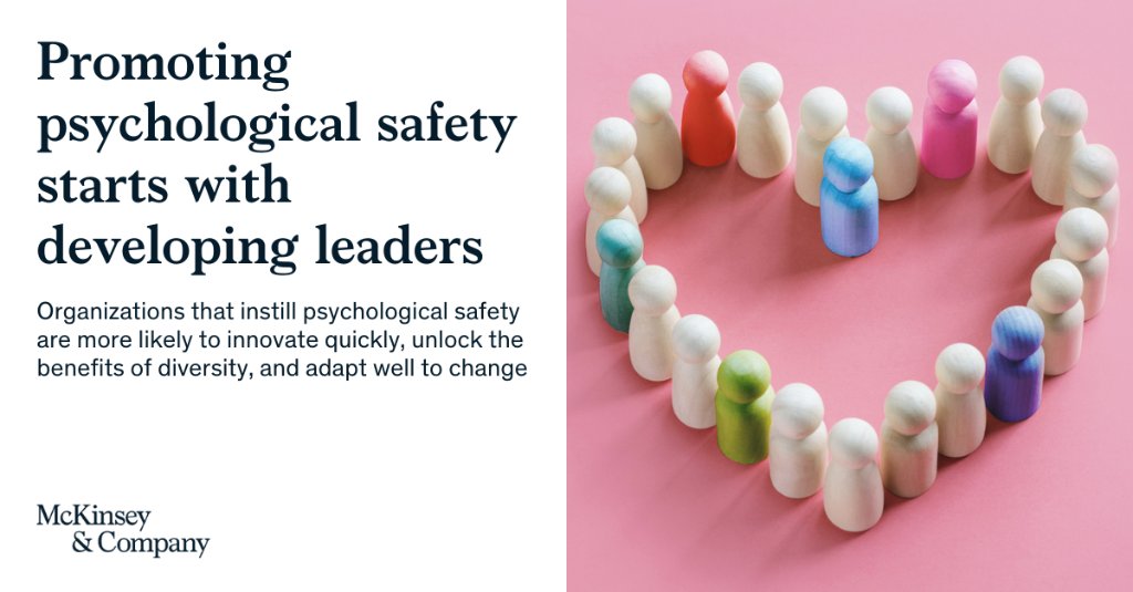 McKinsey's tweet photo. Organizations that develop the leadership skills and positive work environment that foster psychological safety can reap many benefits to team health and performance. 

https://t.co/LnHtrEF7V1
 
#McKinseyOrganization #Leadership #Culture #EmployeeExperience https://t.co/XXy99YuF8L