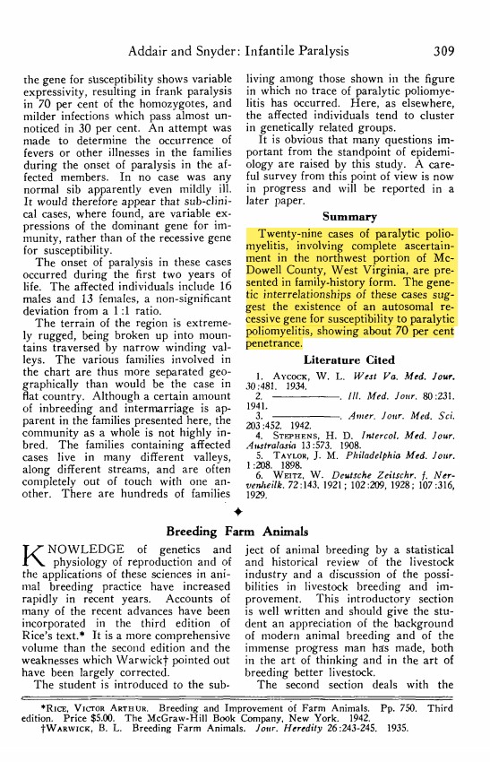 Fortunately, science chose to focus on preventing disease, instead of looking for the recessive "polio genes" the authors of this 1942 article imagined. Sadly, #psychiatry still attempts to uncover similarly non-existent or irrelevant genes for its "mental disorders."  #WGPG2021