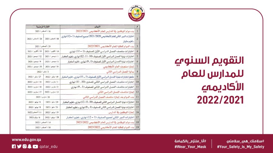 2023 Calendar Qatar Ministry Of Education Announces Academic Year Calendar For Schools Until 2023