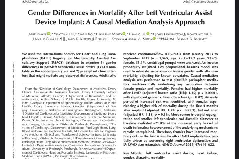 1/ 🙏🏽 @asaiojournal for highlighting our work on #GenderDifferences in post-#LVAD mortality using the @ISHLT @IMACS_Registry database as the #EditorsPick for June 2021 

We demonstrate that: 

1. Females have ⬆️ mortality in the first 4 months after #LVAD implant, not after