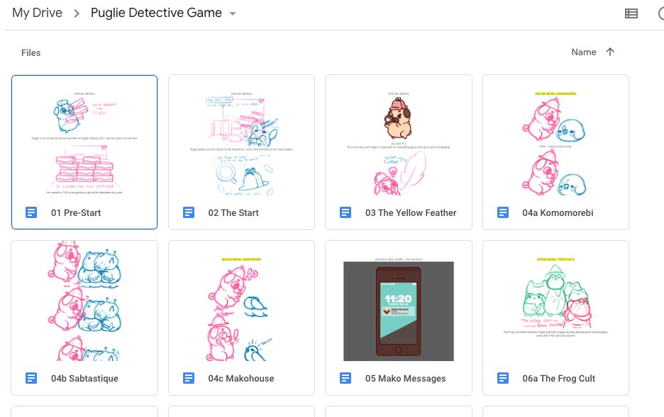 Snapshot of a Google Drive folder with thumbnails of the Detective Game's comic sketches.