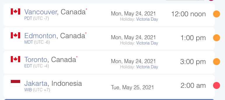 Snapshot of time zones from Vancouver, Edmonton, Los Angeles, and Jakarta.