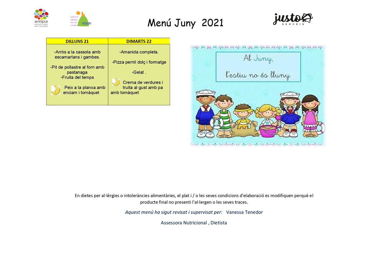 Benvolgudes famílies, 
Compartim amb vosaltres el menú d'aquest mes de Juny per als nostres fills i filles. Trobareu tots els menús al següent enllaç, escolapladelavella.cat/AMPA/menu-de-j…