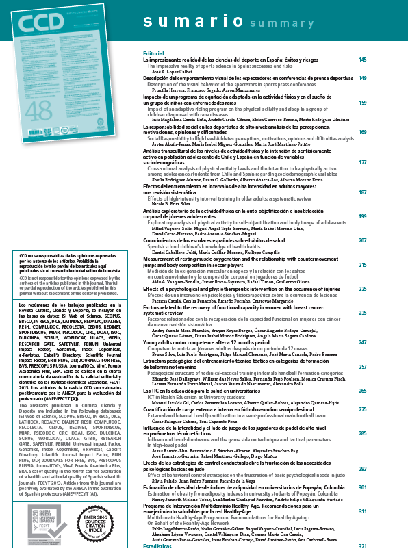 📢📢 Ya está disponible el número 48 de Cultura, Ciencia y Deporte 📢📢

#ComportamientoVisual
#ResponsabilidadSocial
#HábitosSalud
#ComposiciónCorporal
#IntervenciónPsicológicaLesiones
#TICEducación
#PatrónConducta
#RecomendacionesEnvejecimientoSaludable

ccd.ucam.edu/index.php/revi…