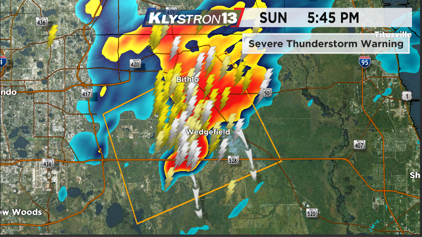 MyNews13Weather's tweet photo. T'Storm Warning has been issued for SE Orange Co. until 6:15 pm.

This includes #Wedgefield and #Bithlo.

Expect lightning, wind and large hail with this storm.

Coverage now on Spectrum News 13. #flwx #Orlando https://t.co/iKJvVeMEuC