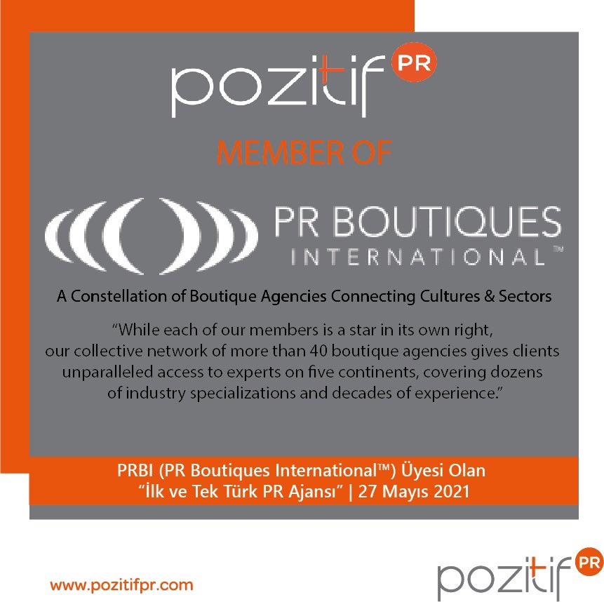 pozitifpr's tweet photo. #PozitifPR, 2007’den beri sürdürdüğü #butik iletişim danışmanlığı anlayışıyla aynı hedeflere sahip #PRBI #PRBoutiquesInternational üyeliğine 27 Mayıs 2021 itibari ile kabul edilen #İlk ve #Tek #Türk #PRAjansı olmanın heyecanını yaşıyor. 🌟 #PozitifPR #PR #İletişimDanışmanlığı https://t.co/kMz6EQEdle