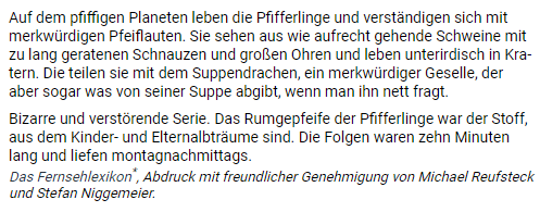 weloveallthat's tweet photo. Not that I can find it on YouTube or other such sites, but it appears there was once a German dub of the Clangers titled "Auf dem pfiffigen Planeten", where the Clangers themselves were re-named "Die Pfifferlinge".

#Postgate #Clangers https://t.co/VEiaimYC4x