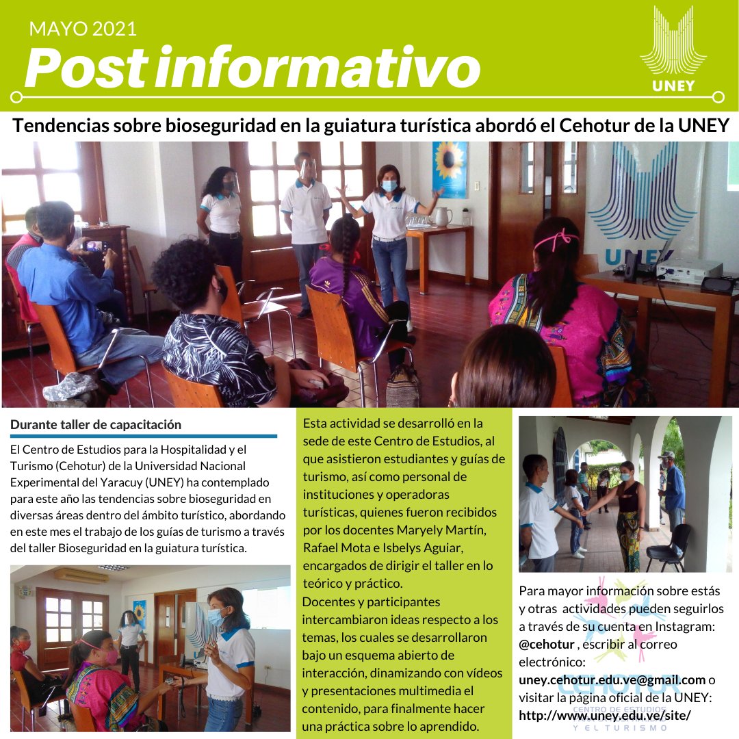 Cumpliendo con los protocolos de bioseguridad, el taller del <a href="/uney_cehotur/">UNEY CEHOTUR</a> de la <a href="/uney_oficial/">UNEY</a> atendió a su objetivo al dar a conocer los hábitos bioseguros en la práctica de la guiatura turística bajo el contexto actual. #30deMayo <a href="/MedozaWullian/">Wullian Mendoza</a> @CTrompiz2 <a href="/arbolve/">ArbolVe</a> <a href="/mmaryely/">Ⓜ️🅰️YE🌟Turismo</a>