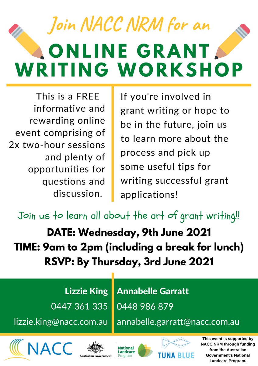 Do you need a hand getting that grant application done? We’ve got you! 📖✏️

Join us for a FREE online grant writing workshop on Wednesday 9th of June 2021! 

RSVP to our RALF team Annabelle or Lizzie!
annabelle.garratt@nacc.com.au / lizzie.king@nacc.om.au

#GrantWriting #Online