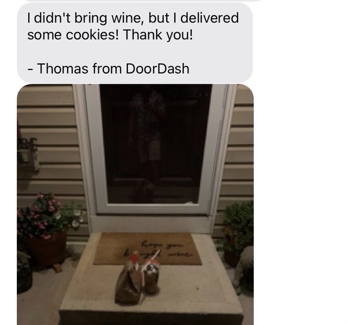 Just ordered doordash and this man gave me a laugh. I forgot about our doormat. It says &ldquo;hope you brought