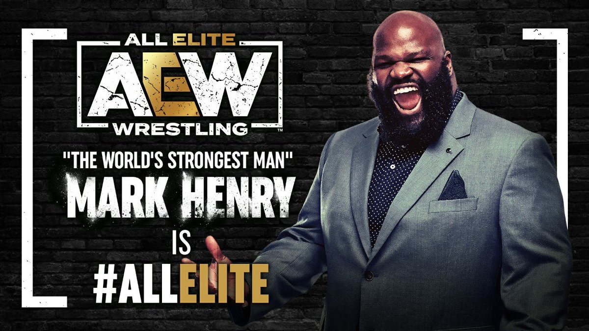 AEW's tweet image. Welcome to the team… the #WorldsStrongestMan @TheMarkHenry is #AllElite