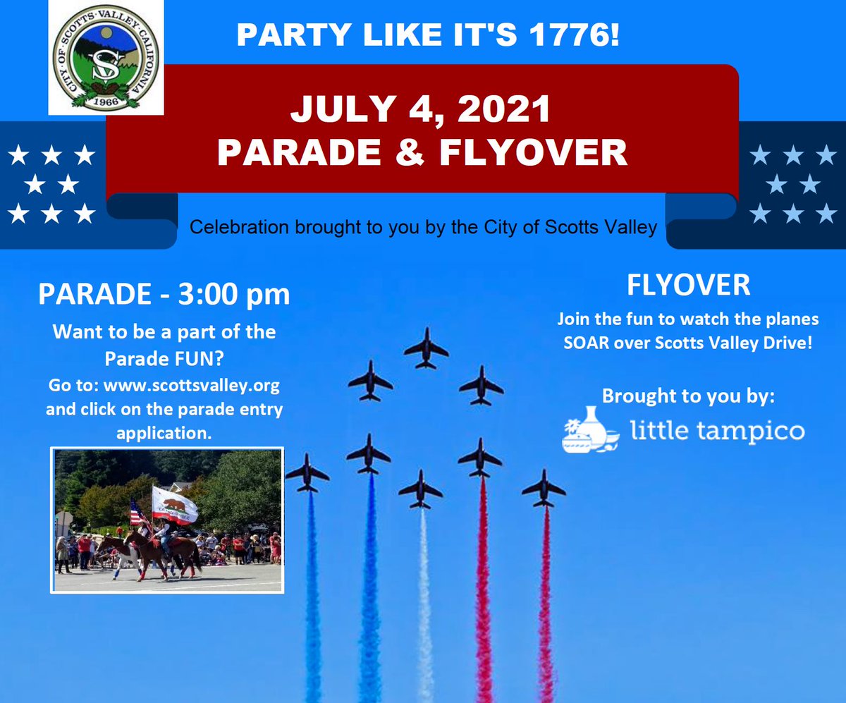 DonnaLind's tweet photo. Excited to have an in-person Scotts Valley 4th of July Parade &amp; Flyover! The only in-person parade in the area! Join us for a fun family Community celebration!  (Parade entries available on-line &amp; sponsors welcome) https://t.co/lG8TtiZVzv