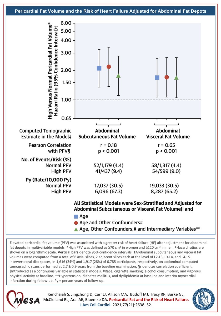 Pericardial fat was associated with a statistically significant greater risk of heart failure after accounting for abdominal subcutaneous or visceral fat in a representative subsample of MESA (Multi-Ethnic Study of Atherosclerosis) participants.