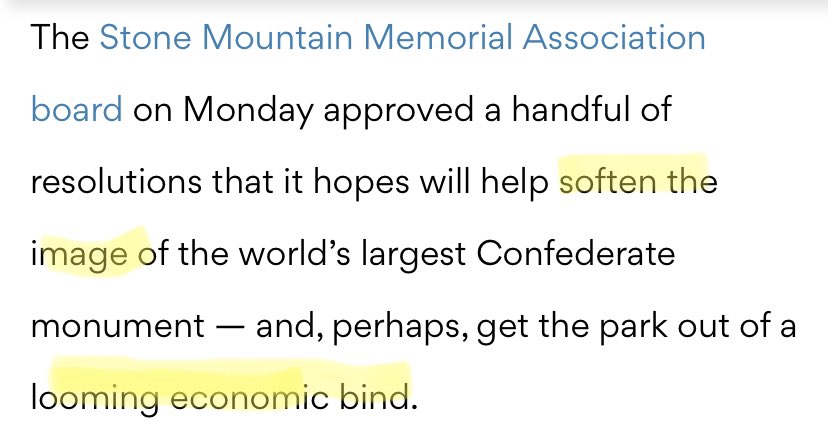 SCofNorthGA's tweet photo. This measures are there to “soften the image” of the monument, to encourage sales growth following the COVID-19 economic slowdown. Sponsors have pulled their support for the park, and these adjustments are their attempt to bring money back to the monument. https://t.co/YHRupOrLDU