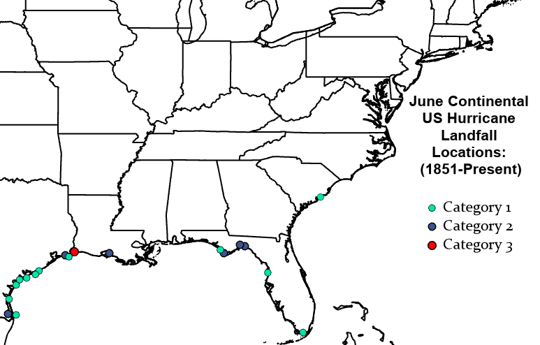 19 hurricanes and 1 major #hurricane (Category 3 Audrey in 1957) have made landfall in the continental US in June on record (since 1851).