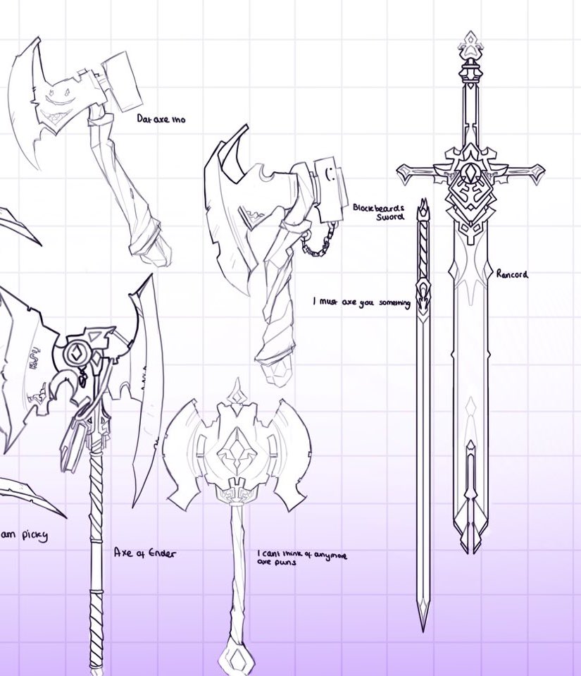 Aight Saturn's post got me thinking
I wanna either redesign ranboos enderwalk sword, or render out / redesign one of the axes or swords on the big ol design sheet I made (that chunky sword does look pog) 