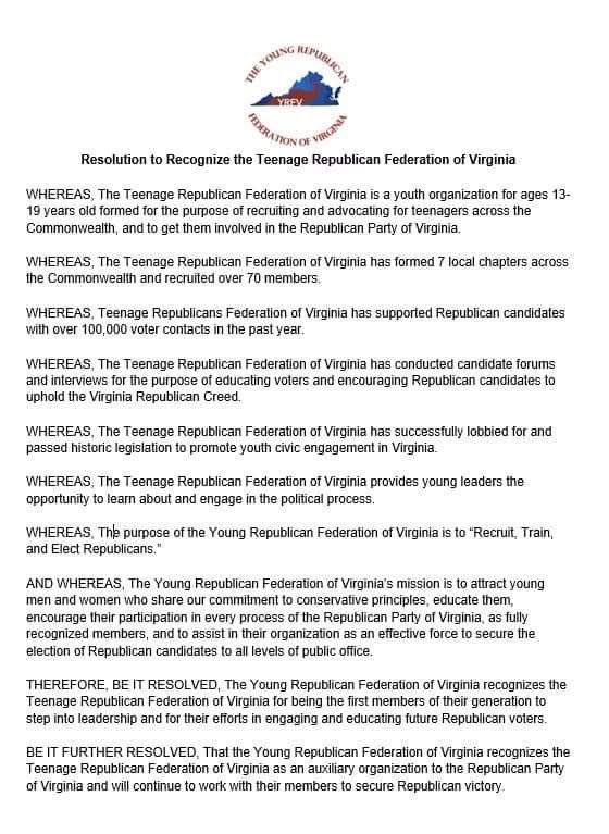 YRFV is proud of what @vatrfv has accomplished and is continuing to! Today our board unanimously passed this resolution, recognizing the Teenage Republican Federation of Virginia. We applaud their hard work and look forward to their future in Virginia’s conservative movement!