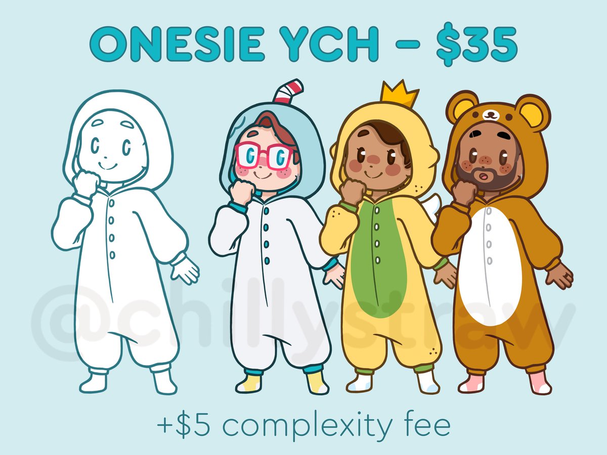 chillystraw's tweet photo. ONESIE YCH COMMISSIONS OPEN:
⭐️ Customize the character and their onesie
⭐️ Great for Vtubers, Pokemon, or other mascots
⭐️ Free for personal, and commercial use (not for resale)
⭐️ Perfect for PFPs, stream schedules and more!

💌: chillystrawart@gmail.com https://t.co/wsX8TQAxYt