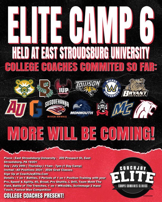 Very excited for <a href="/CoachJayUConn/">CoachJay - Elite 400 National Recruiting Expert</a> Elite Camp 6! <a href="/CoachSydeski/">Thomas Sydeski</a> <a href="/CoachCBauer/">Collin Bauer</a> <a href="/Justin_Harpo/">Justin Harper</a> <a href="/coach_bunk/">Eric Bunker</a> <a href="/coach_kcal/">Kevin Callahan Jr.</a> <a href="/CoachJeffGallo/">Coach Jeff Gallo</a> @CoachRobbatMC @CoachBakMC
