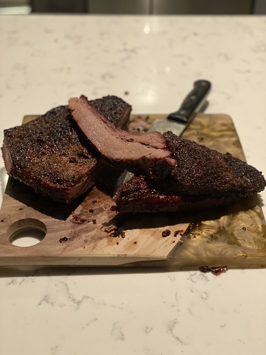 C__Biz's tweet photo. Channeling my inner @RealDGunn with a prime brisket from @Arnies_Gourmet over hickory for 10 hours. Sous: @MSpevakNJ (thatโs right, I said it) #BBQgoals #AwHell https://t.co/F8JRfBPWRP