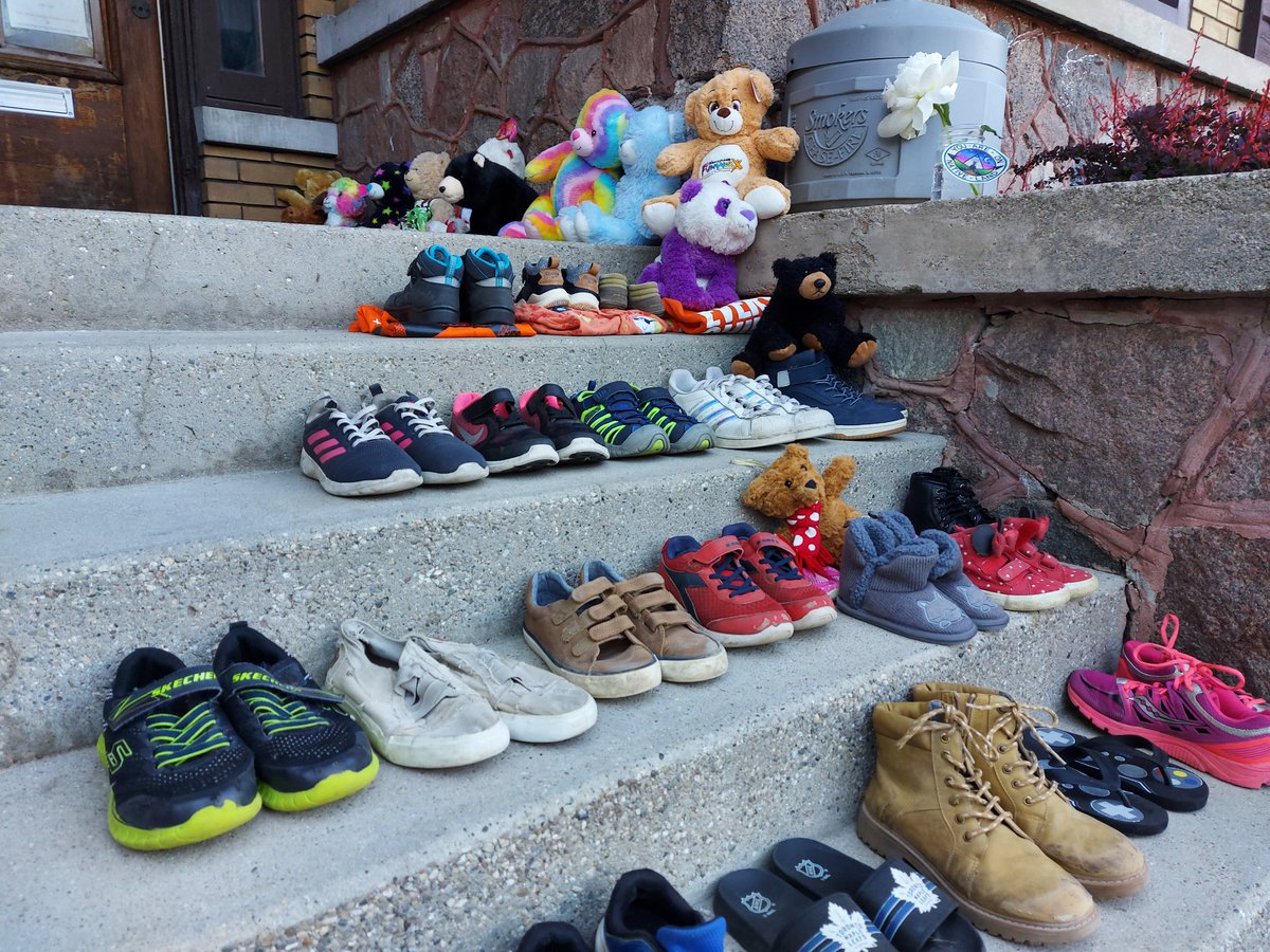 In memoriam of the #215children found at the Kamloops residential school, <a href="/healingofthe7g/">Healing of The Seven Generations</a> asked for donations of shoes, teddy bears &amp; orange shirts for their display. Located at 300 Frederick St. You can drop off at anytime.