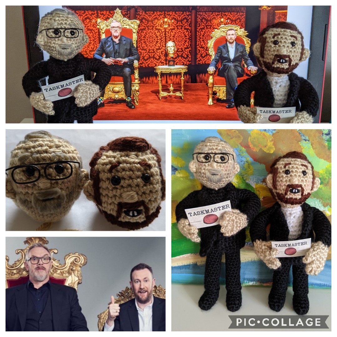 DaxtersMom's tweet photo. @gdavies @AlexHorne @taskmaster
The obsession with this show is real. 

Just finished making the Taskmaster and Little Alex Horne. If @MawaanR can get points for his crochet bunny in series 10... surely I can get some for this. https://t.co/Imh4LQjj7z