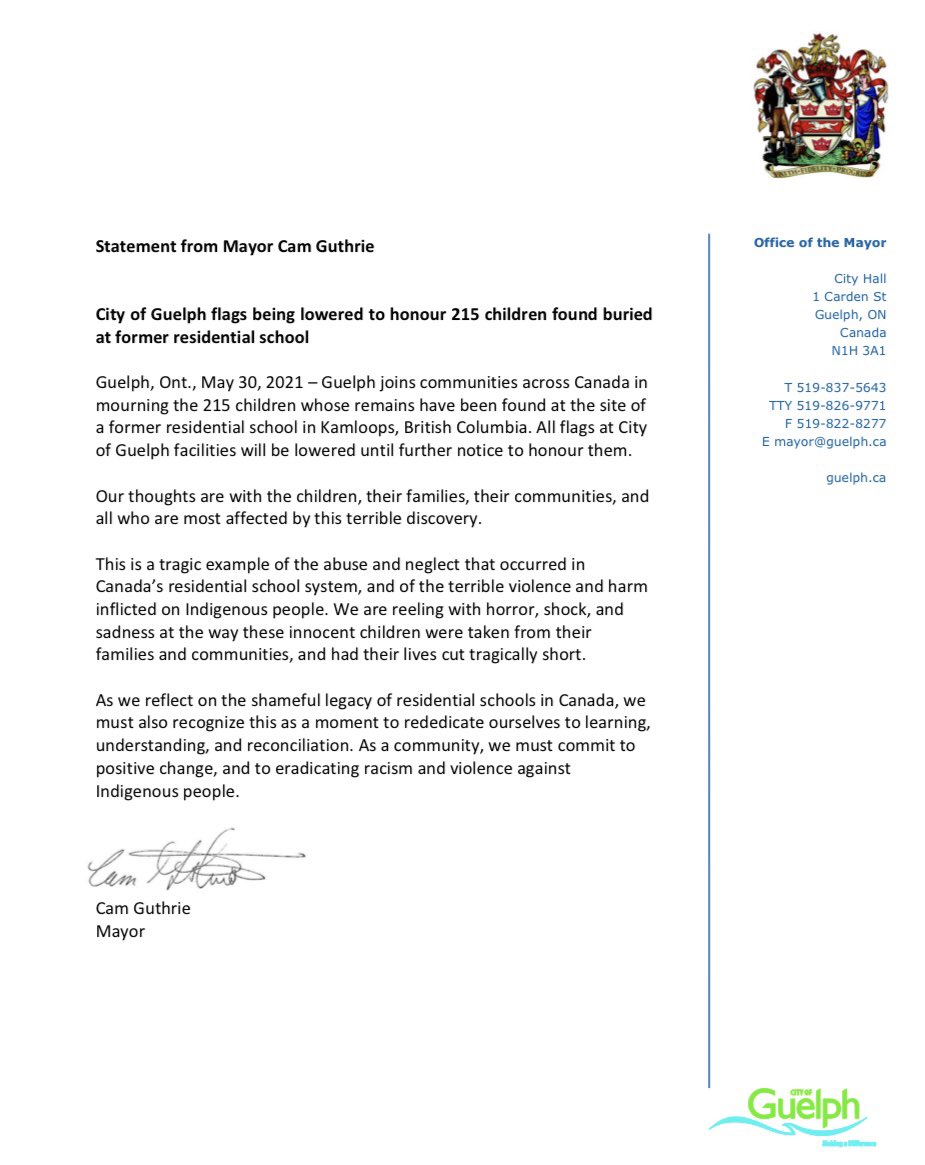 CamGuthrie's tweet photo. Official statement: #215children #215CanadaDayOfMourning #Guelph https://t.co/wXjrVs6Gug