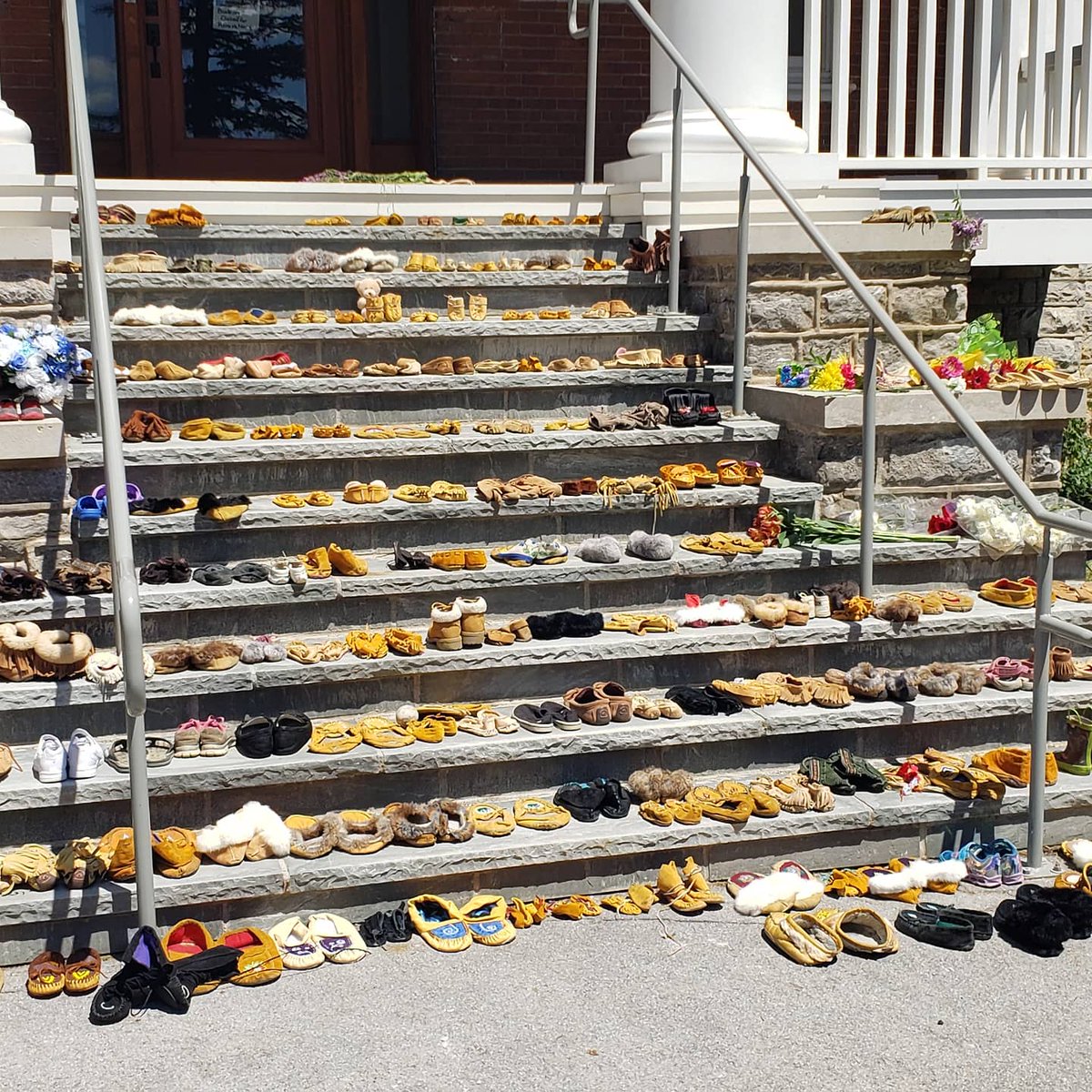 Today, my community honoured the spirits of 215 babies lost at the Kamloops Residential School. We placed our moccasins on the stairs of the former Mohawk Institute Residential School in Brantford. We offered tobacco. We cried. We must never forget and acknowledge these truths.