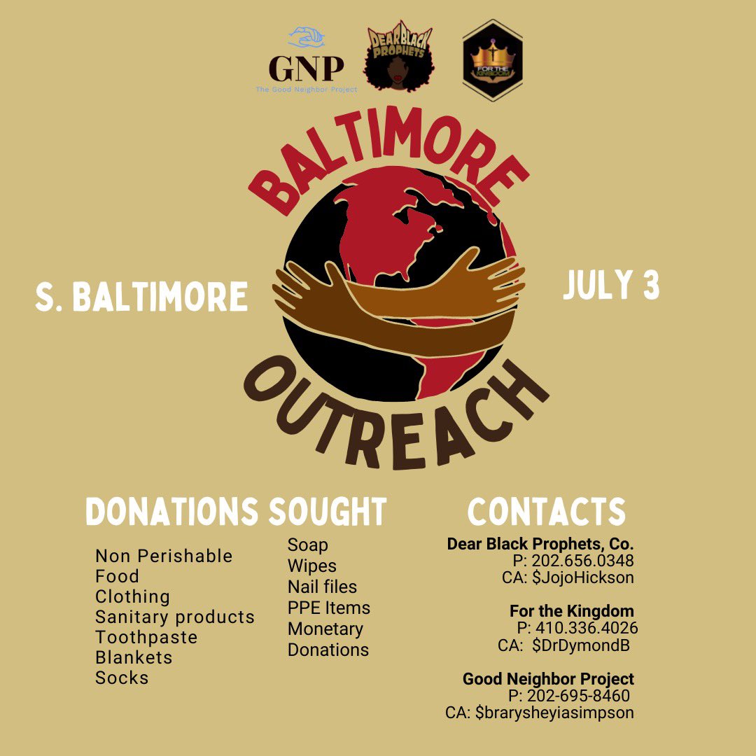 DearBlackProph's tweet photo. 1/3 Though we won’t be able to give the folx of South Baltimore access to Hew-Lew, we do want to provide our family with the donations listed on the flyer with the understanding that any impact is a great impact. 
#DearBlackProphets #FortheKingdom #GoodNeighborProject https://t.co/27QP4MUID5