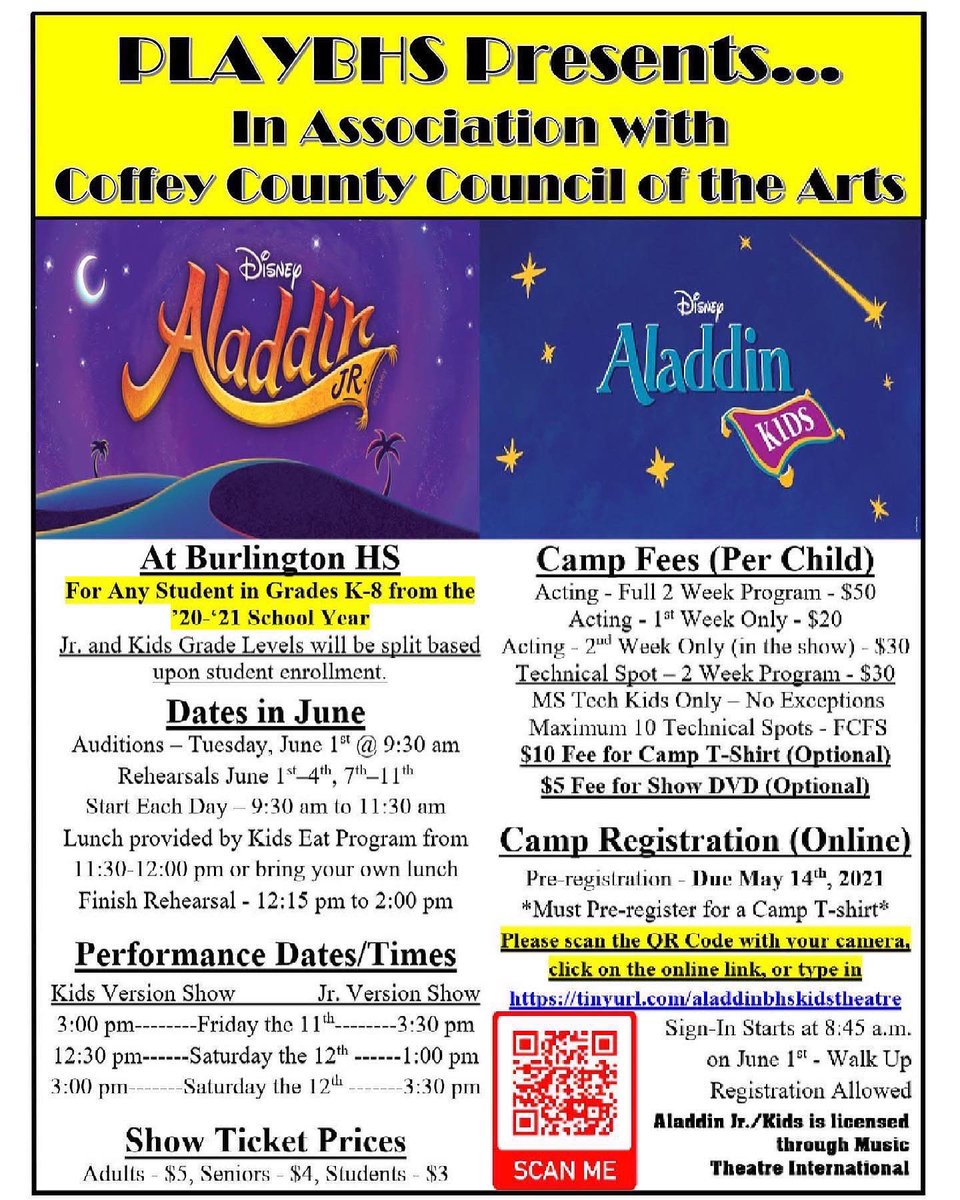 LAST CALL! Share with all your friends too. 

THIS TUESDAY, starting at 9:30 am, Children’s Theatre kicks off Aladdin! 

If you can’t make it day one, no worries. We will still get you added later. There’s even an option to be in the show only during the second week.