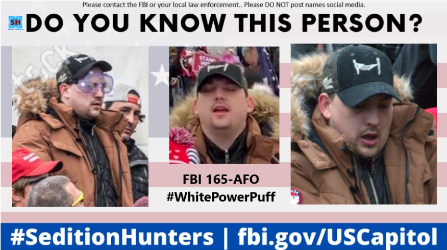 SeditionHunters's tweet photo. Please share across all platforms. Do you Know this person?? Please contact the FBI with 165-AFO do not post names on social media #WhitePowerPuff #CapitolRiots https://t.co/6I5lhIpVJh