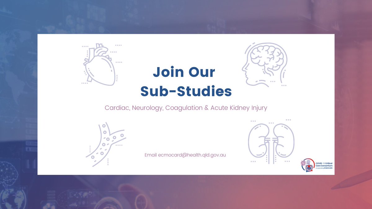 COVIDcritical's tweet image. Our four sub-studies are busy collecting data and developing manuscripts. They are easy to join and involve simple CRF’s – we encourage you to join us. Email ecmocard@health.qld.gov.au  
#COVID19 #covidcritical #substudy #criticalcare #cardiac #neurology #coagulation #kidney