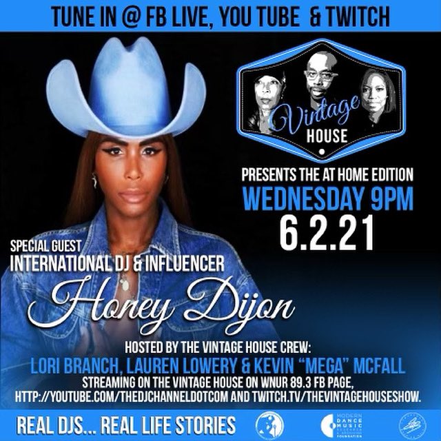 In time for PRIDE!! This Wednesday join DJ @djloribranch and world renowned artist Honey Dijon on the Vintage House Show. Join us at 9pm for a LIVE set and a wonderful talk about the evolution of Honey’s life in Chicago to global prominence. <a href="/HONEYDIJON/">Honey Dijon</a> <a href="/HouseArchive/">Vintage House WNUR | VintageHouseShow.com</a> #honeydijon