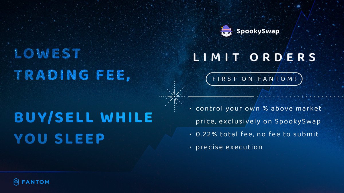 SpookySwap's tweet photo. Tired of FOMOing over missed price opportunities? 📈

Now you can catch those dips and peaks with our new limit order feature! Head on over to https://t.co/qRLRa6BoEf to try the magic yourself! 😺🪄 

Experience the fastest trading powered by @FantomFDN.

$BOO $FTM https://t.co/d5rspxO63j