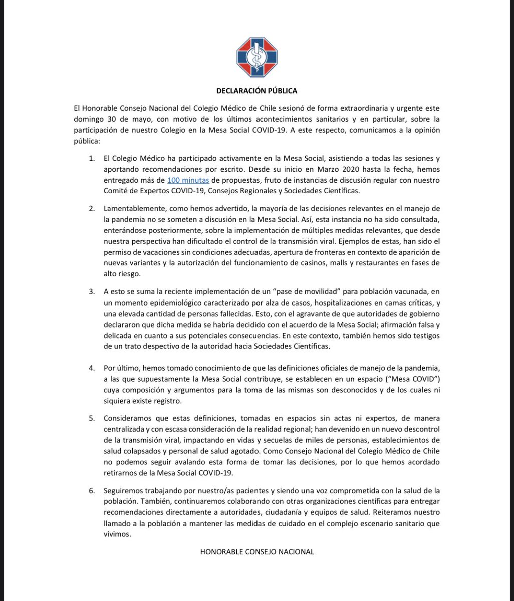 colmedtemuco's tweet image. [Declaración pública 🚨] El honorable Consejo Nacional del @colmedchile reunido de forma extraordinaria con motivo de los últimos acontecimientos sanitarios en vista de lo expuesto👇🏻decide retirarse de #MesaSocialCovid-19