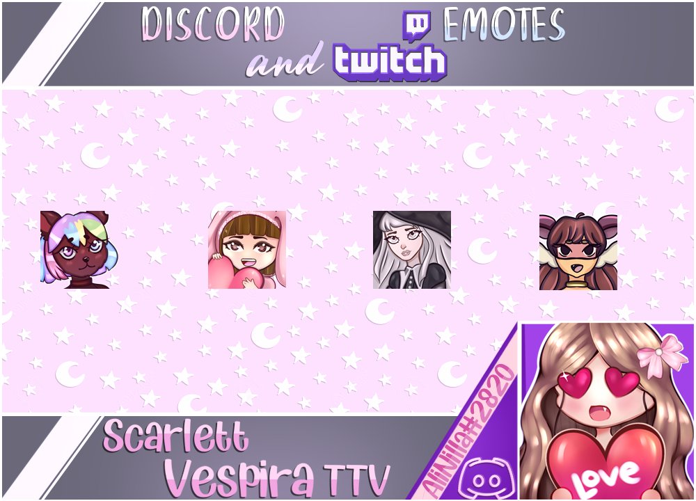 SVespira's tweet photo. Here's this weeks Emotes! My commissions are open for more than just emotes (I do portrait, full and half-body). My web portfolio can be found here: https://t.co/NDgRbqIs4c for ordering and whatnot, you can DM me on discord under AliNilla#2820! I've also got a public discord! https://t.co/PdYNvqfSrc