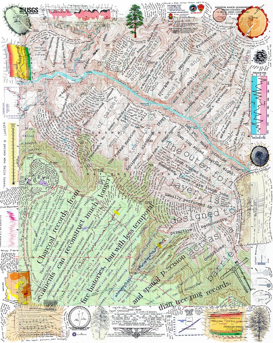 artthescience's tweet photo. In Bonnie Peterson’s Fires of Change, Peterson uses topographic maps to depict interactions among fire science variables: documenting the increase in wildfires and their severity in the Southwest. 

#GenerationRestoration #SciArt #SciComm @Alex_Pedersen0 

https://t.co/HjrIwi8SoF https://t.co/aqq9U5vPT6
