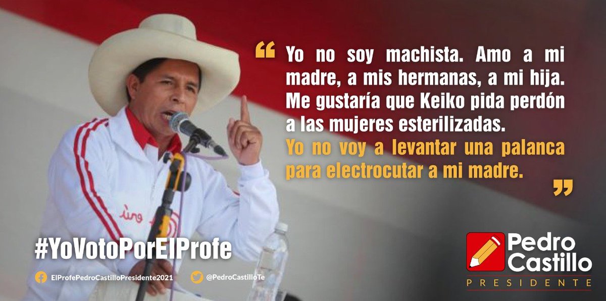 PedroCastilloTe's tweet photo. Yo no soy machista. Amo a mi madre, a mis hermanas, a mi hija. Me gustaría que Keiko pida perdón a las mujeres esterilizadas. Yo no voy a levantar una palanca para electrocutar a mi madre. https://t.co/NkF2rnKhj9