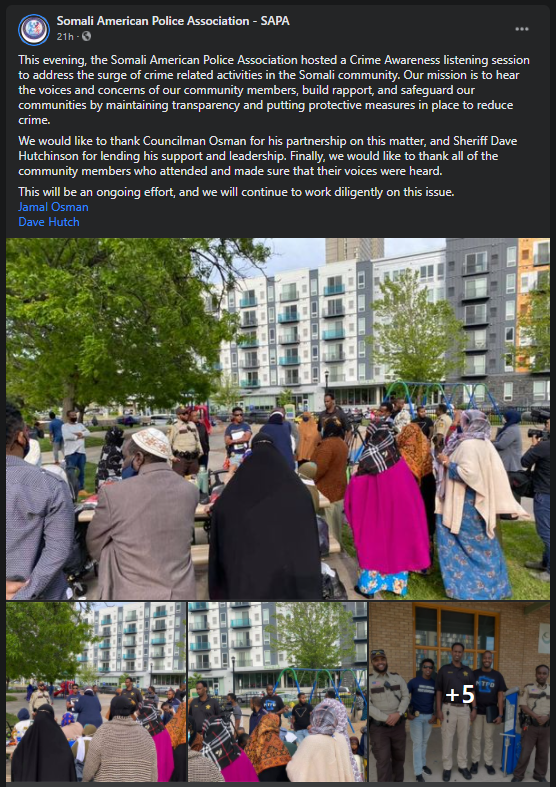 CrimeWatchMpls's tweet photo. Yesterday in #CedarRiverside, the Somali American Police Association hosted a Crime Awareness listening session to address the surge of crime related activities in the Somali community. 

https://t.co/MOfOOmU0G8
. https://t.co/J0UlgsE6GT