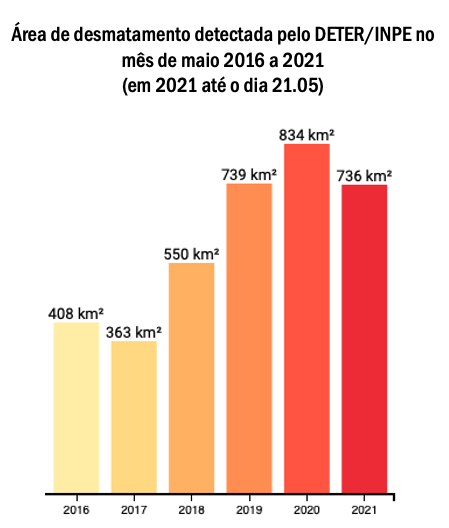 Os números do DETER/INPE até 21.05 apontam uma rápida aceleração do desmatamento na Amazônia. É possível que pela primeira vez desde o inicio da série histórica que a area de alertas detectada em maio ultrapasse os 1000km2. <a href="/obsclima/">Observatório do Clima</a> <a href="/GeneralMourao/">General Hamilton Mourão</a> @inpe_mct