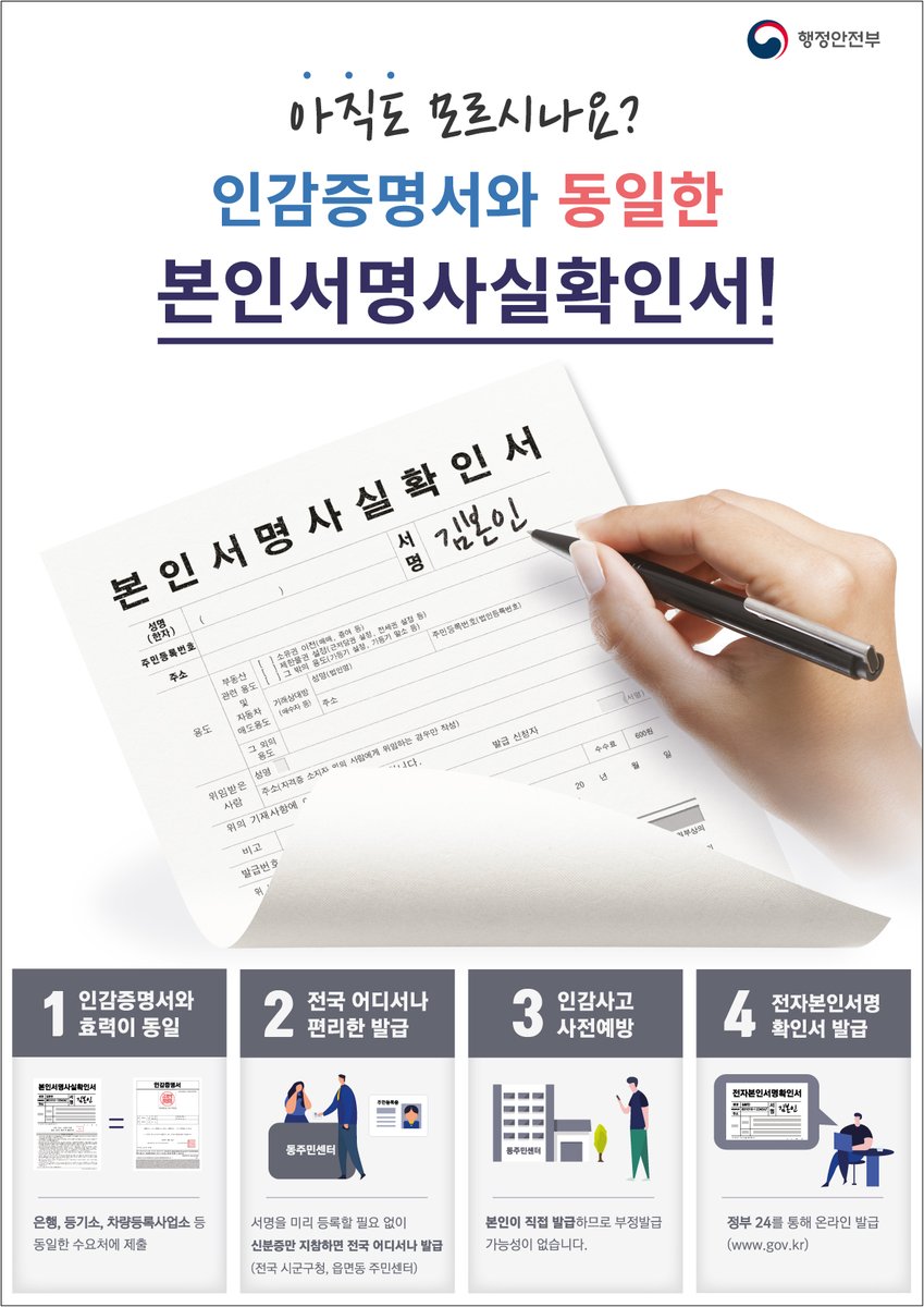 인감증명서와 동일한 효력을 가진 '본인서명사실확인서' 발급해보세요! 인감증명서와 달리 인감도장 사전 신고 절차 없이 발급 가능하며, 본인이 직접 발급하므로 인감 위임 사고도 예방할 수 있습니다.  또한 전자본인서명사실확인서 신청 시 온라인 상에서도 사용 가능합니다.