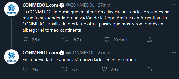 EnConexionbol's tweet photo. #URGENTE 🔴
La Conmebol informa que la Copa América 2021 en Argentina se suspende y analiza otras ofertas
https://t.co/mYlLLwIXFE https://t.co/vwvQ3trO5t