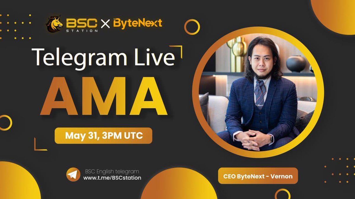 BSCS_Global's tweet photo. 🔥@bscstation  AMA with @Bytenextio $BNU
📌BSC Station group: https://t.co/hj4pXByuoe 
⏰3PM UTC, May 31th

✅Follow  @bscstation &amp; @Bytenextio 
✅RT &amp; Like &amp; Tag 3
✅Comment
📖10ppl * 10 $USDT equivalent token each 

Join us to learn more about @Bytenextio https://t.co/3WdNrg7zQf