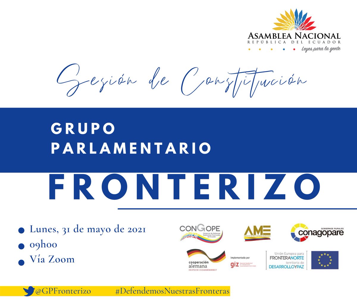 Mañana en la <a href="/AsambleaEcuador/">Asamblea Nacional</a> constituiremos el <a href="/GPFronterizo/">Grupo Parlamentario Fronterizo</a>, donde trabajaremos por el desarrollo de las zonas de frontera que han sido golpeadas por la pobreza, inequidad y violencia. 
#DefendemosNuestrasFronteras 
<a href="/CongopeEcuador/">CONGOPE</a> <a href="/ConagopareN/">Conagopare Nacional</a> <a href="/GIZEcuador/">GIZ Ecuador</a> <a href="/AMEcuador/">Municipalidades Ec</a>