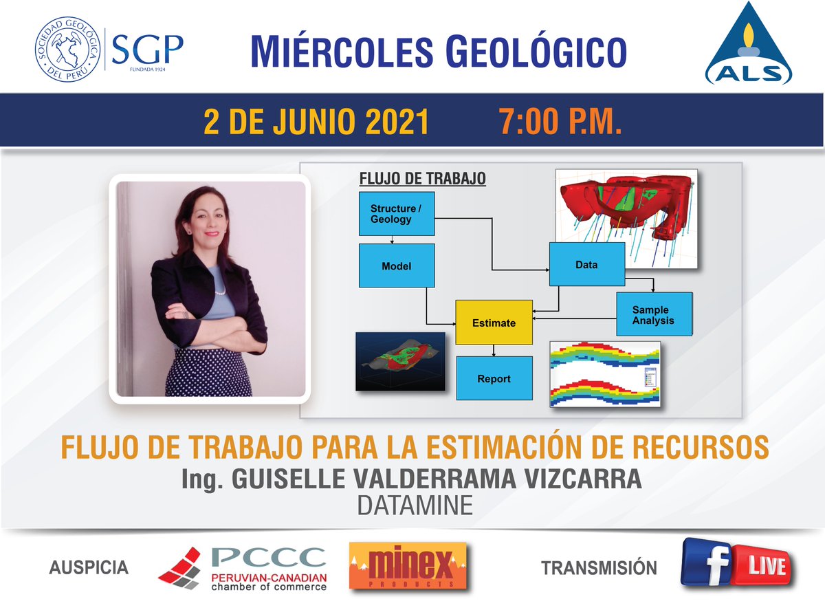 Miércoles Geológico 2 de junio
FLUJO DE TRABAJO PARA LA ESTIMACIÓN DE RECURSOS
Ing. Guiselle Valderrama Vizcarra (DATAMINE)
 
Ingreso libre vía zoom lnkd.in/gZTX65S