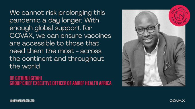 Amref_Worldwide's tweet photo. "We cannot risk prolonging this pandemic a day longer. With enough global support for COVAX, we can ensure vaccines are accessible to those that need them the most - across the continent and throughout the world," @daktari1. Via @GaviSeth 

#OneWorldProtected @AfricaCDC @WHOAFRO https://t.co/4vmXrfMRWH